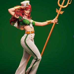 May include: A figurine of a woman in a sailor outfit with a green and white striped top, white pants with green stripes, and a red and white sailor hat. She is holding a gold trident.