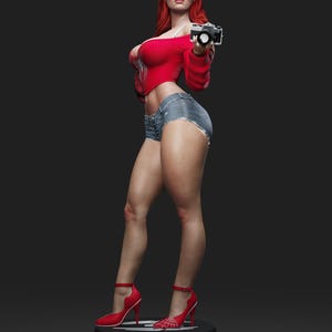 May include: A statue of a woman with red hair, wearing a red top, denim shorts, and red high heels. She is holding a camera. The heels have a spiderweb design. The statue is on a black base.
