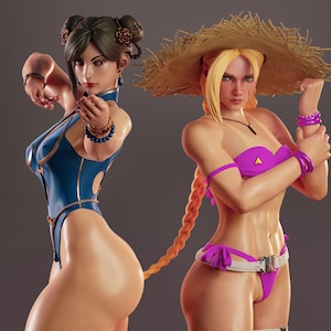 May include: Two female figures in swimwear. One wears a blue swimsuit with gold accents, the other a pink bikini and straw hat. Both have detailed facial features and accessories. The image has a digital art style.