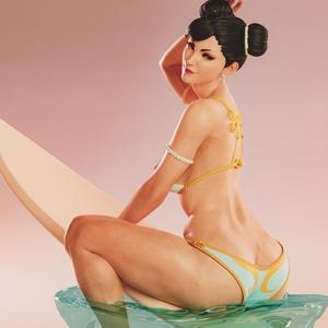 May include: A woman in a light blue and yellow bikini sits on a surfboard in water. Her dark hair is styled in two buns. She wears a bracelet and necklace. The background is a gradient of pink.