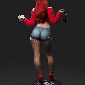 May include: A figurine of a woman with long red hair, wearing a red off-the-shoulder top, denim shorts, and red high heels. She holds a camera and a mask. The figurine stands on a black base with a white spider logo.