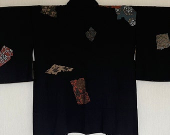 Vintage Japanese  kimono silk Jacket, Haori jacket, short kimono, embroidery abstract black /0390