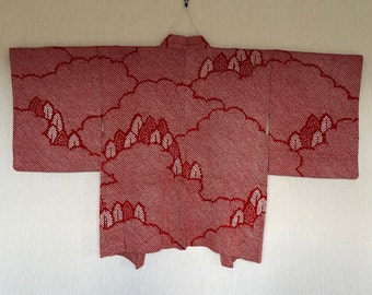 Chaqueta de kimono japonesa vintage, crepé de seda Haori, chaqueta Haori, kimono corto, Shibori, rojo / 0520
