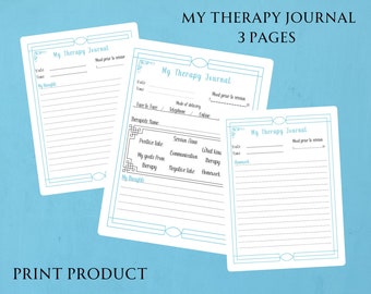 May include: Three white therapy journal pages with a light blue border and text. The top page reads "My Therapy Journal" and "3 Pages". The bottom of the image reads "Print Product". The journal pages have prompts for notes.