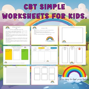 Puede incluir: Un conjunto de hojas de trabajo coloridas para niños que utilizan técnicas de terapia cognitivo-conductual (TCC). Las hojas de trabajo incluyen actividades para aprender sobre los sentimientos, gestionar los pensamientos negativos y los registros de pensamientos. Las hojas de trabajo presentan un tema de arcoíris y el texto "Está bien sentir tus emociones."