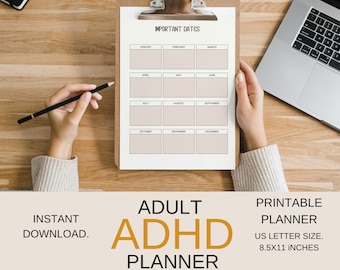 Erwachsene ADHS Planer druckbare ADHS Planer undatiert Jahresplaner Sofortiger Download Neutrale Farben.