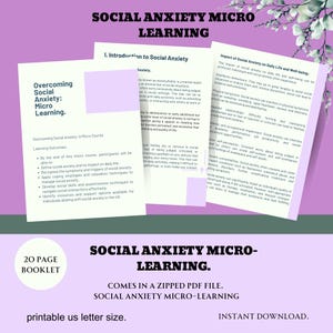 May include: A pink and green digital download booklet with the title "Social Anxiety Micro-Learning" and the text "Comes in a zipped PDF file. Social Anxiety Micro-Learning. Printable US letter size. Instant Download."