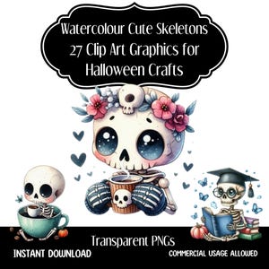 Può includere: Un set di 27 illustrazioni ad acquerello di scheletri carini in varie pose. Gli scheletri indossano fiori, tengono tazze di caffè, leggono libri e indossano cappelli di laurea. Le illustrazioni sono perfette per i lavoretti di Halloween.