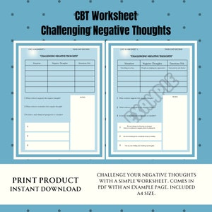 CBT Worksheet Challenging Negative Thoughts Positive Mental Health Printable Page comes with an Example Page.