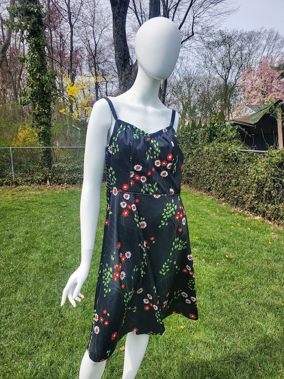 Black Floral Day Dress | 1960 1970s Spaghetti Stra