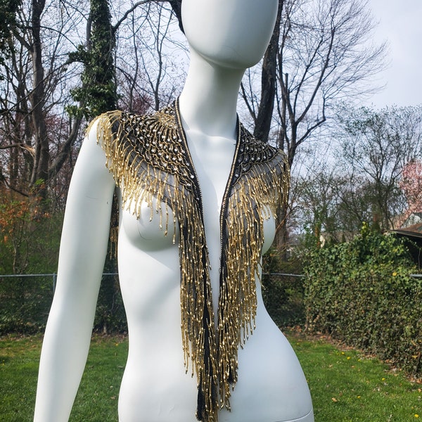 80s Beaded Capelet| Gold & Black Beads and Netting