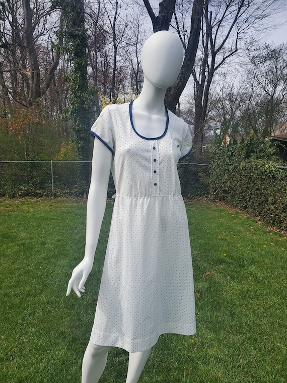 Navy & White Swiss Dot Dress | 60s 70s A Line