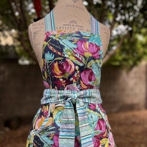 Fuchsia and Turquoise Blossoms Pop on Comfortable Vintage-Style Woman's Apron, Blue Striped Seersucker Ties and Trim, Large Front Pockets