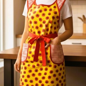 May include: A yellow apron with a red tomato pattern, red trim, and a red bow. The apron has two pockets with a red and white checkered pattern. The apron is worn over a white t-shirt.