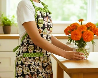 Day of the Dead Kitchen Apron with Frida and Sugar Skull Print