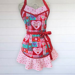 Valentine Hearts in Pink and Red Dazzle on Vintage-Style Apron, Graceful Pink Flounced Hemline with Red Hearts, Red Trim, Comfortable Style