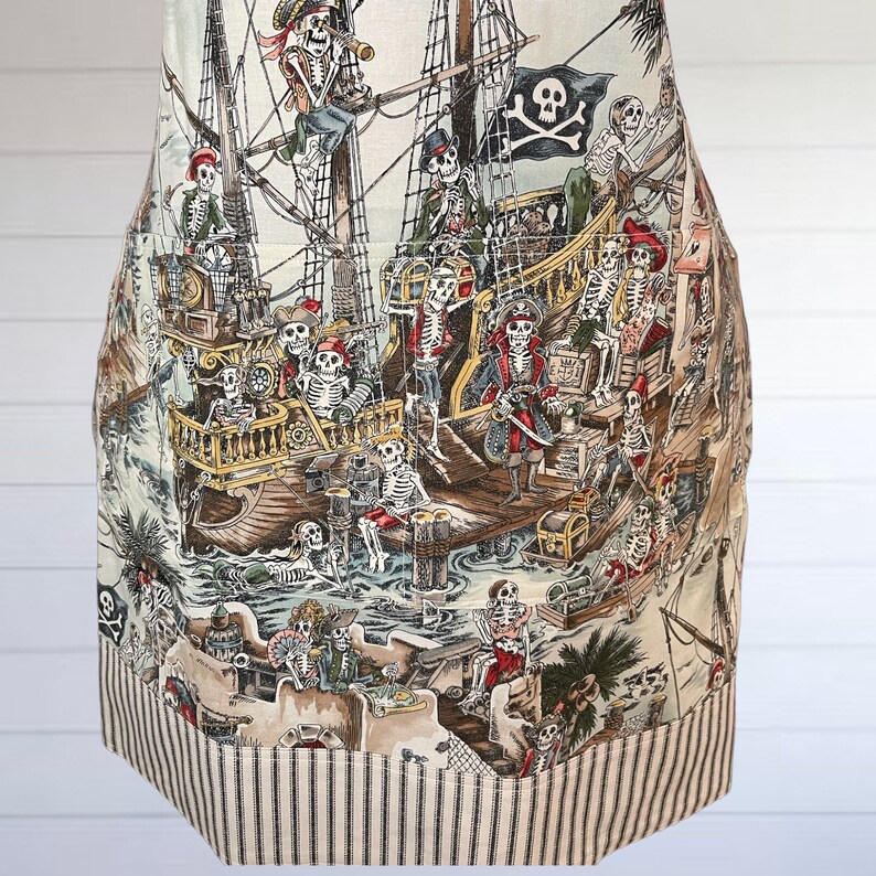 Colorful Caribbean Skeleton Pirates on Full Apron, Cream and Brown