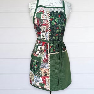 Christmas Apron: Red Holly Berries, Santa, Gold Dots, Large Pocket, Retro Holiday Fabric