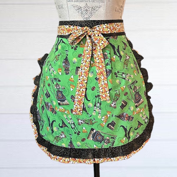 Halloween Steam Punk Half Apron in Vibrant Green with Funky Candy Corn Printed Waist Ties, Double Ruffled Hemline, Fun Halloween Creatures