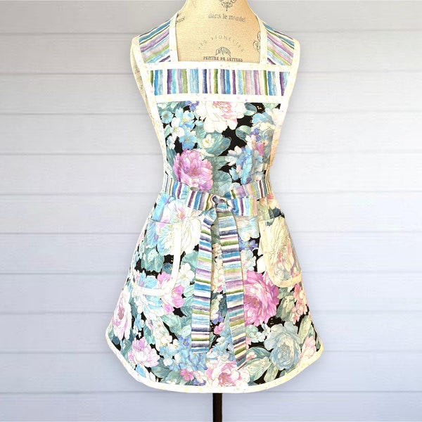 Large Gorgeous White Pink and Blue Blooms Dominate and Sparkle on Vintage-Style Apron, Two Large Pockets, Yoked Neckline