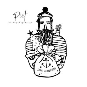 Könnte beinhalten: Schwarz-Weiß-Illustration eines bärtigen Seemanns, der einen Weihnachtsbaum und einen Geschenksack mit Ankerdesign hält. Der Sack trägt den Text "Frohe Weihnachten". Das Bild enthält auch den Text "Diet weihnachtsedition".