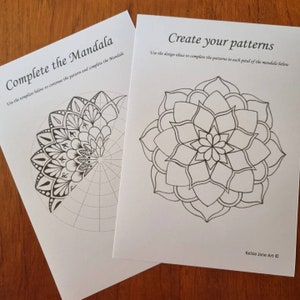 May include: A printable coloring page with instructions to complete a mandala pattern. The page includes a partially completed mandala and a blank mandala with guidelines for creating a pattern.