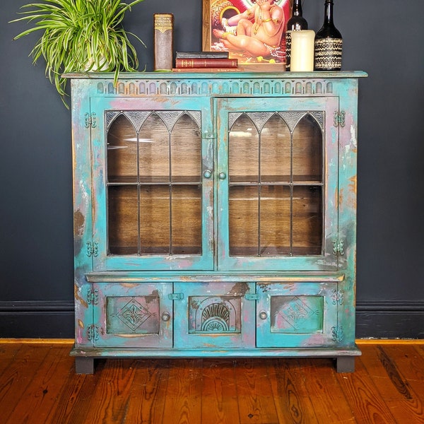 NOW SOLD** Hand Painted Blue Distressed Bohemian Display Cabinet -  Vintage bookcase