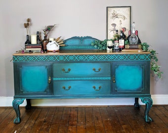 NOW SOLD Large Antique 1920's Vintage Sideboard - Blue Buffet Cabinet & Server