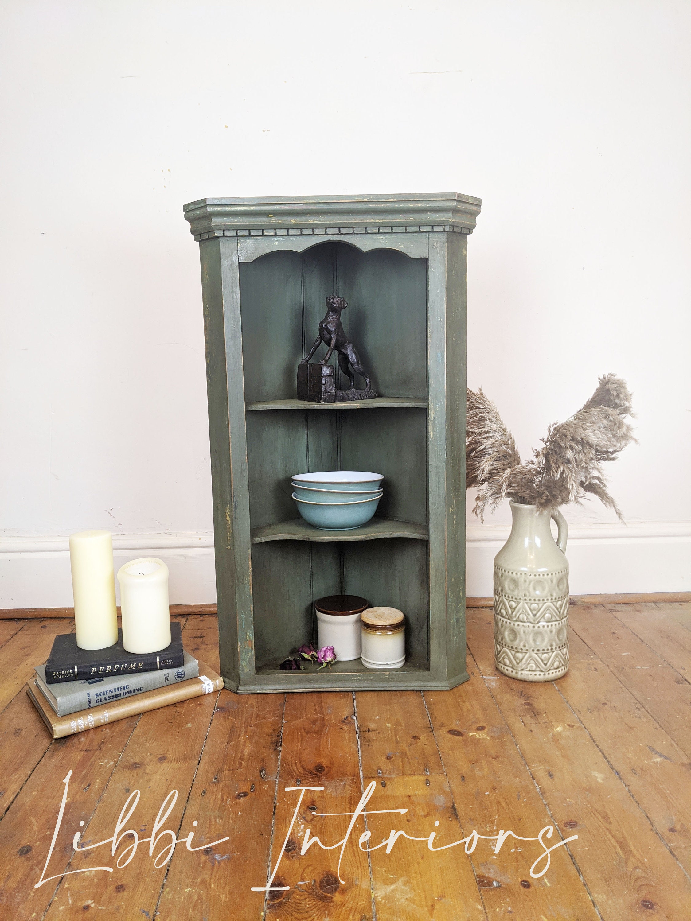 SOLD Hand Painted Green Corner Rustic Shelves Etsy