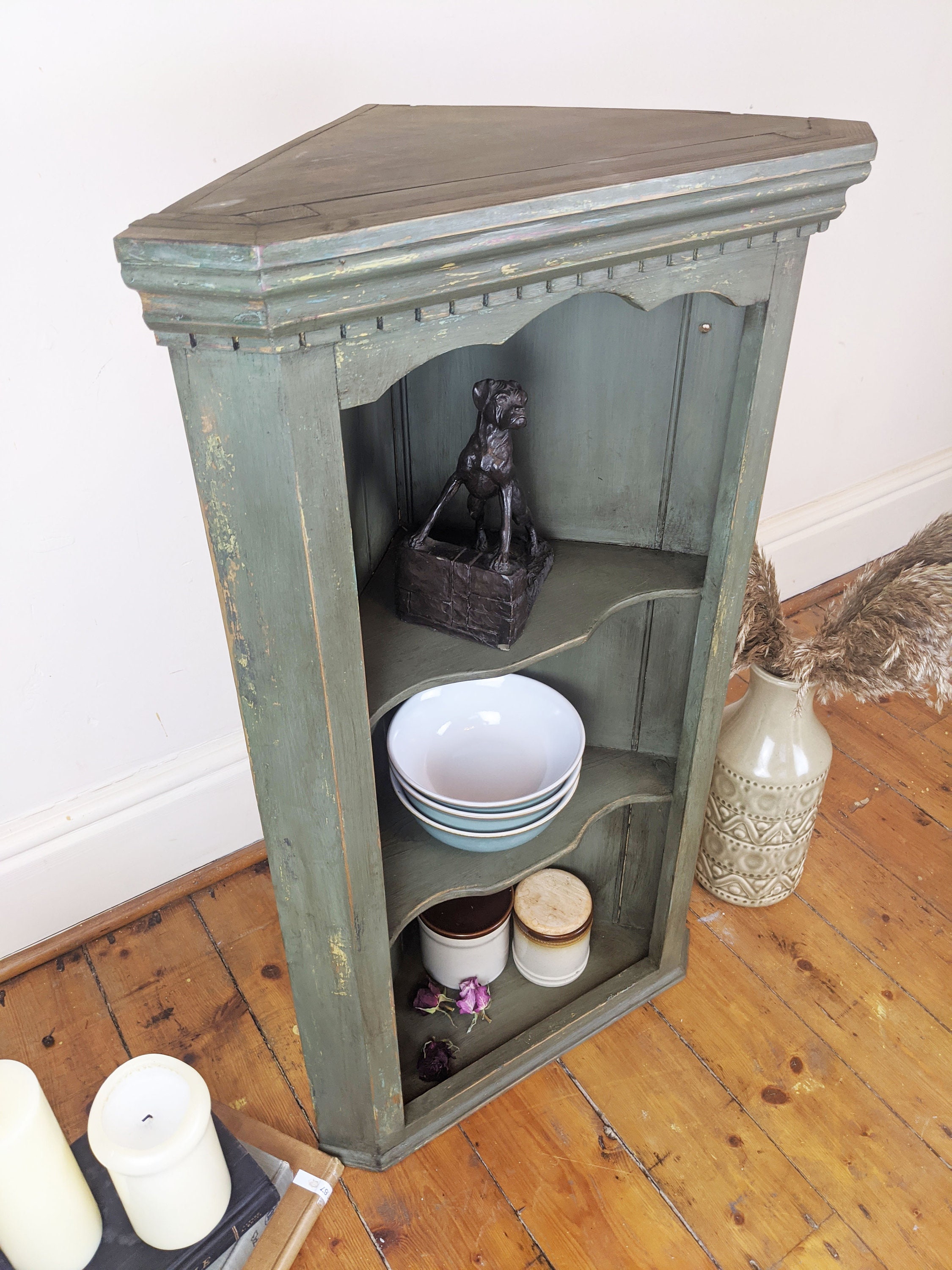SOLD Hand Painted Green Corner Rustic Shelves Etsy