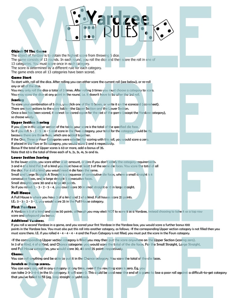 Yardzee Lawn Game Rules and Scoresheet Etsy