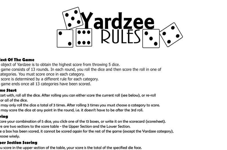 Yardzee Yard Recreation Pointers and Scoresheet photo regarding Yardzee Rules Printable identified as Yardzee Garden Video game Legal guidelines and Scoresheet