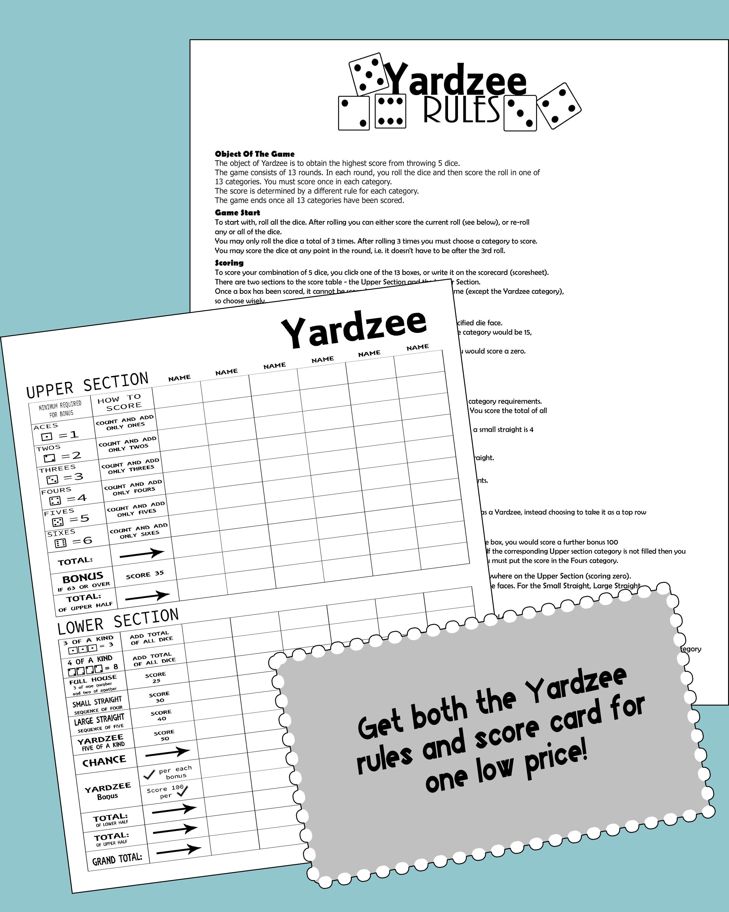 Yardzee Lawn Game Rules and Scoresheet Etsy
