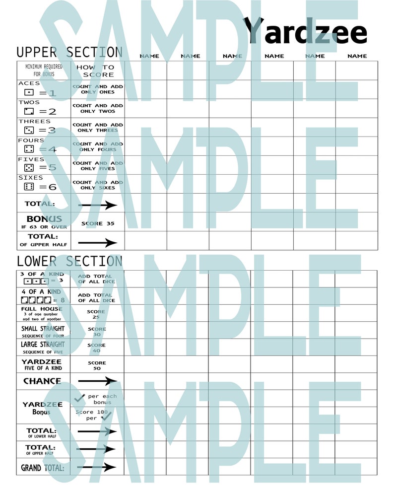 Yardzee Lawn Game Rules and Scoresheet Etsy