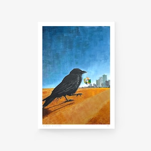 May include: A black crow with a colorful Rubik's Cube in its beak stands on a dirt path in front of a city skyline.