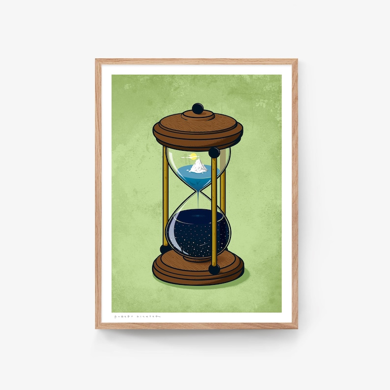 Pode incluir: Um rel&oacute;gio de areia de madeira com um fundo verde. A parte superior do rel&oacute;gio de areia est&aacute; cheia de areia azul e um pico de montanha branco. A parte inferior do rel&oacute;gio de areia est&aacute; cheia de areia preta e estrelas. O rel&oacute;gio de areia &eacute; um s&iacute;mbolo do tempo que passa.