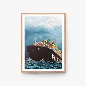 Pode incluir: Uma pintura de um grande navio de carga com cont&ecirc;ineres de envio coloridos empilhados no conv&eacute;s. O navio navega em um oceano azul com nuvens brancas no c&eacute;u. A palavra "FUTURE" est&aacute; pintada no lado do navio.