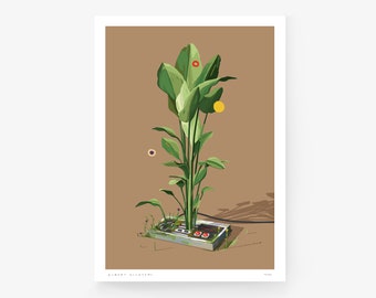 May include: A green plant growing out of an old, gray Nintendo Entertainment System controller. The controller is on a brown surface with a shadow.