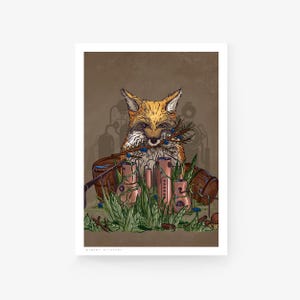 May include: Illustration of a fox holding a sprig with berries in its mouth, surrounded by copper-colored stills, barrels, and green foliage. The artwork has a rustic, vintage aesthetic with a brown and green color palette.
