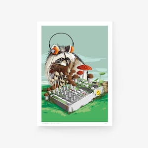 May include: A raccoon wearing headphones sits in front of a soundboard with a variety of mushrooms growing around it. The soundboard has a smiley face sticker on it. The background is a light blue-green colour.