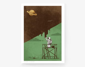 Pode incluir: Um astronauta pinta uma paisagem verde com um pincel, em pé em uma plataforma de andaime. O fundo é um céu marrom escuro com um planeta amarelo e estrelas.