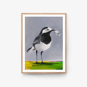 Puede incluir: Un p&aacute;jaro blanco y negro con un pico largo y delgado est&aacute; de pie en un parche de hierba verde. El p&aacute;jaro sostiene un peque&ntilde;o dron blanco en su pico. El fondo es de color azul claro.