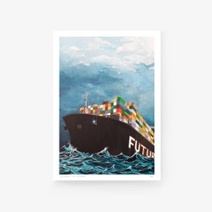 Pode incluir: Uma pintura de um grande navio de carga com cont&ecirc;ineres de envio coloridos empilhados no conv&eacute;s. O navio navega em um oceano azul com ondas brancas. A palavra "FUTURE" est&aacute; pintada no lado do navio.