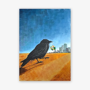 May include: A black crow with a colorful Rubik's Cube in its beak walks across a brown field towards a city skyline in the distance.