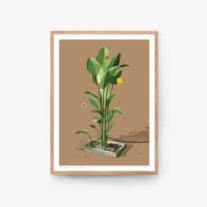 May include: A vintage NES controller is overgrown with green plants, creating a surreal and whimsical scene. The controller is surrounded by a brown background, and the plants are growing out of the controller's buttons and ports.