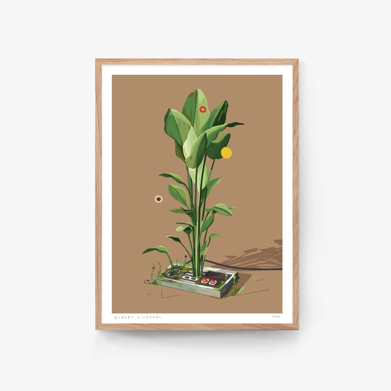 May include: A vintage NES controller is overgrown with green plants, creating a surreal and whimsical scene. The controller is surrounded by a brown background, and the plants are growing out of the controller's buttons and ports.