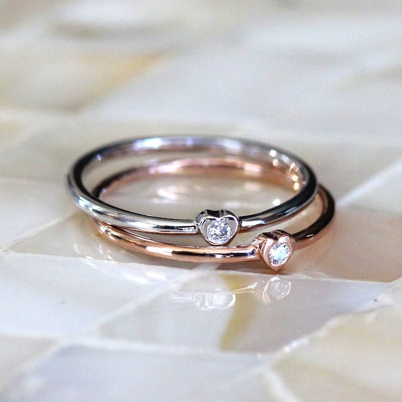 Heart Shaped Diamond Ring, Bezelset Diamond Ring, 14k Solid Gold