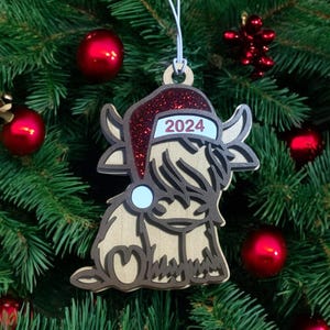 Custom Highland Cow Christmas Ornament 2025, Highland Cow with Santa Hat