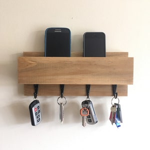 Minimalist Wooden Wall Mount Entryway Organizer, Key and Mail Holder, Phone Storage, Mail Organizer