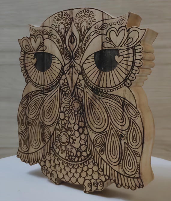 real solid hard wood chinaberry block owl pattern picture table display decoration decretive ornament art craft laser engraved stand